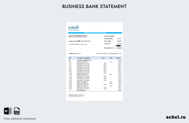 цифровая загрузка выписки по текущему счету организации Chad Ecobank Шаблон в фо